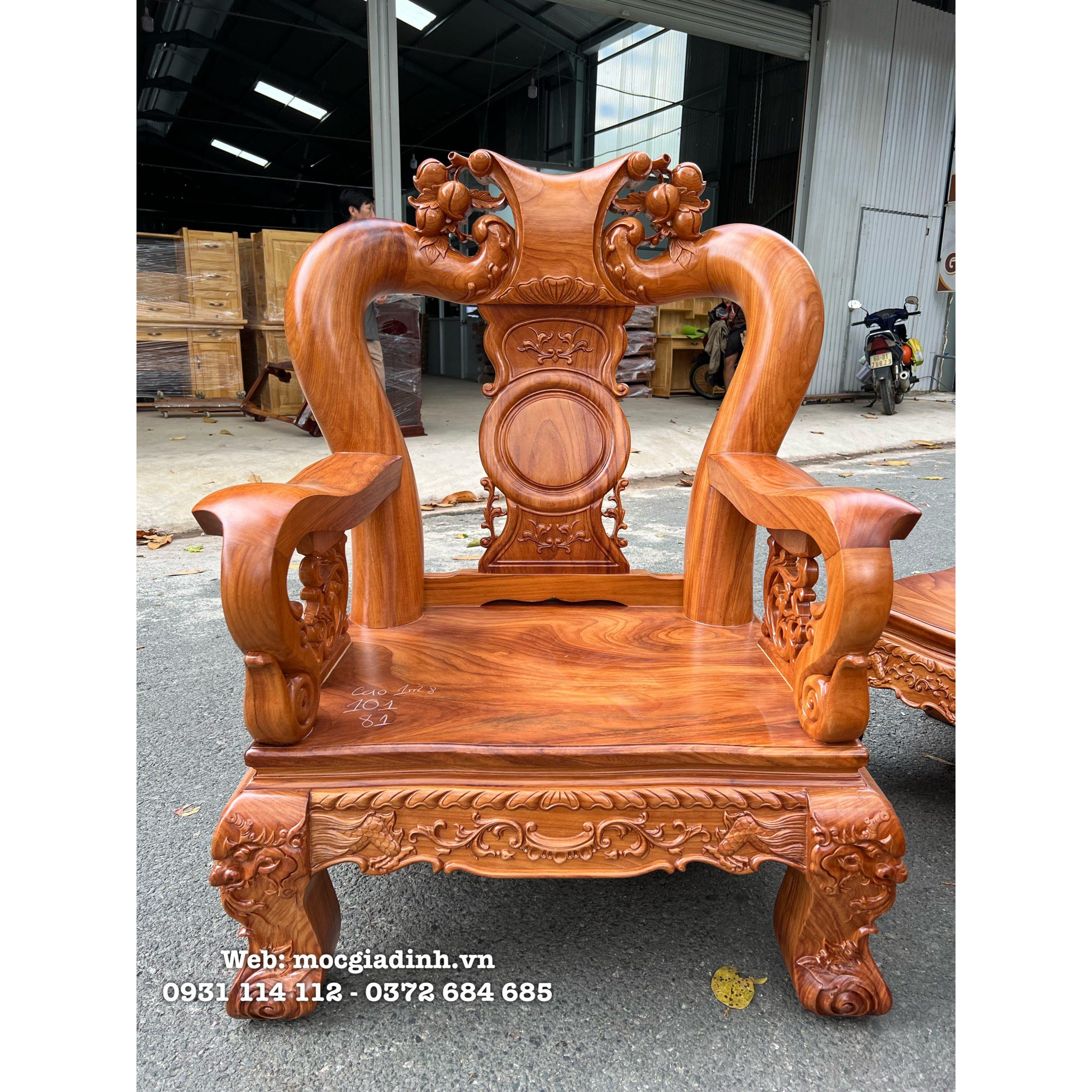 Bàn ghế gỗ gõ tay 14 tó đào 2 mặt tay trơn