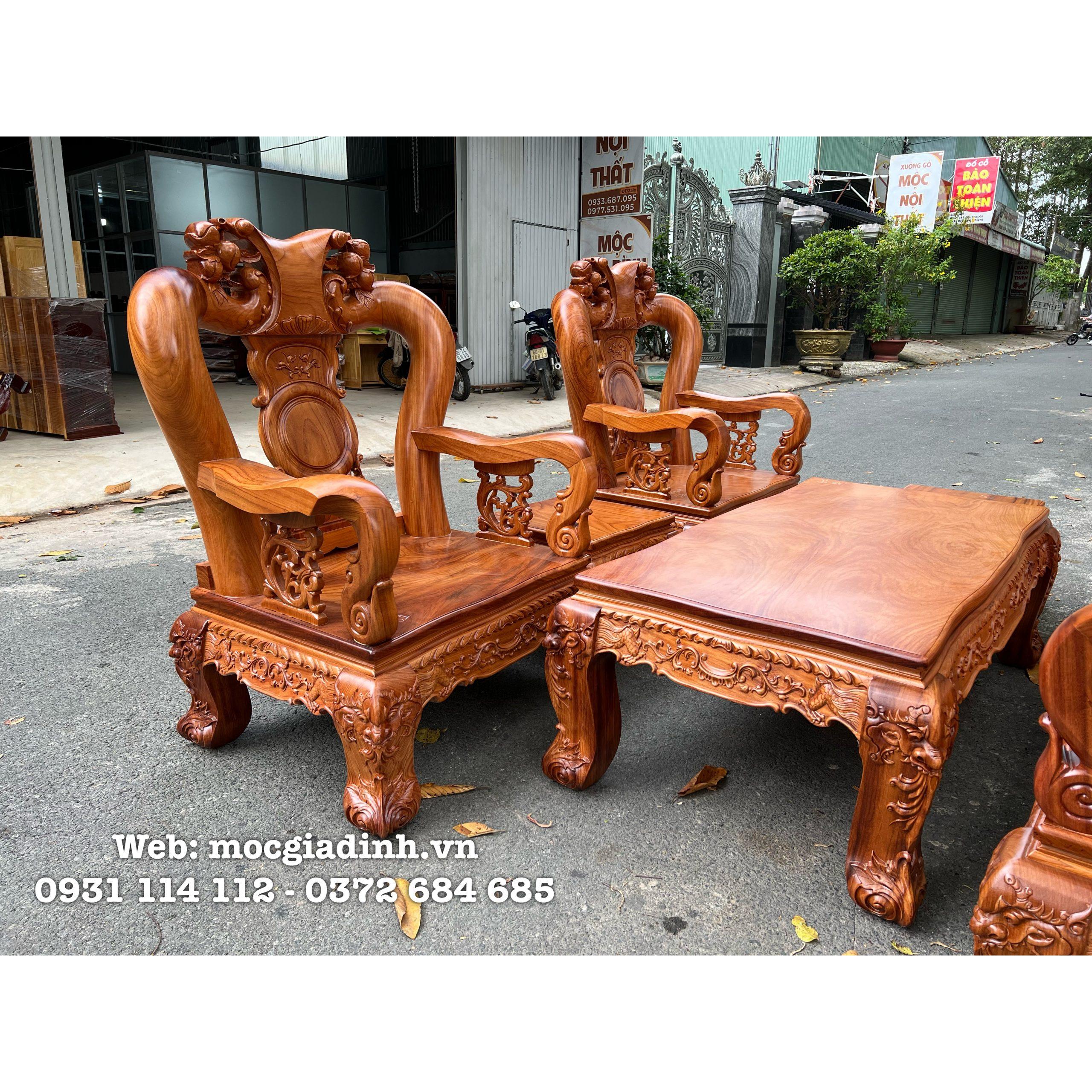 Bàn ghế gỗ gõ tay 14 tó đào tay trơn