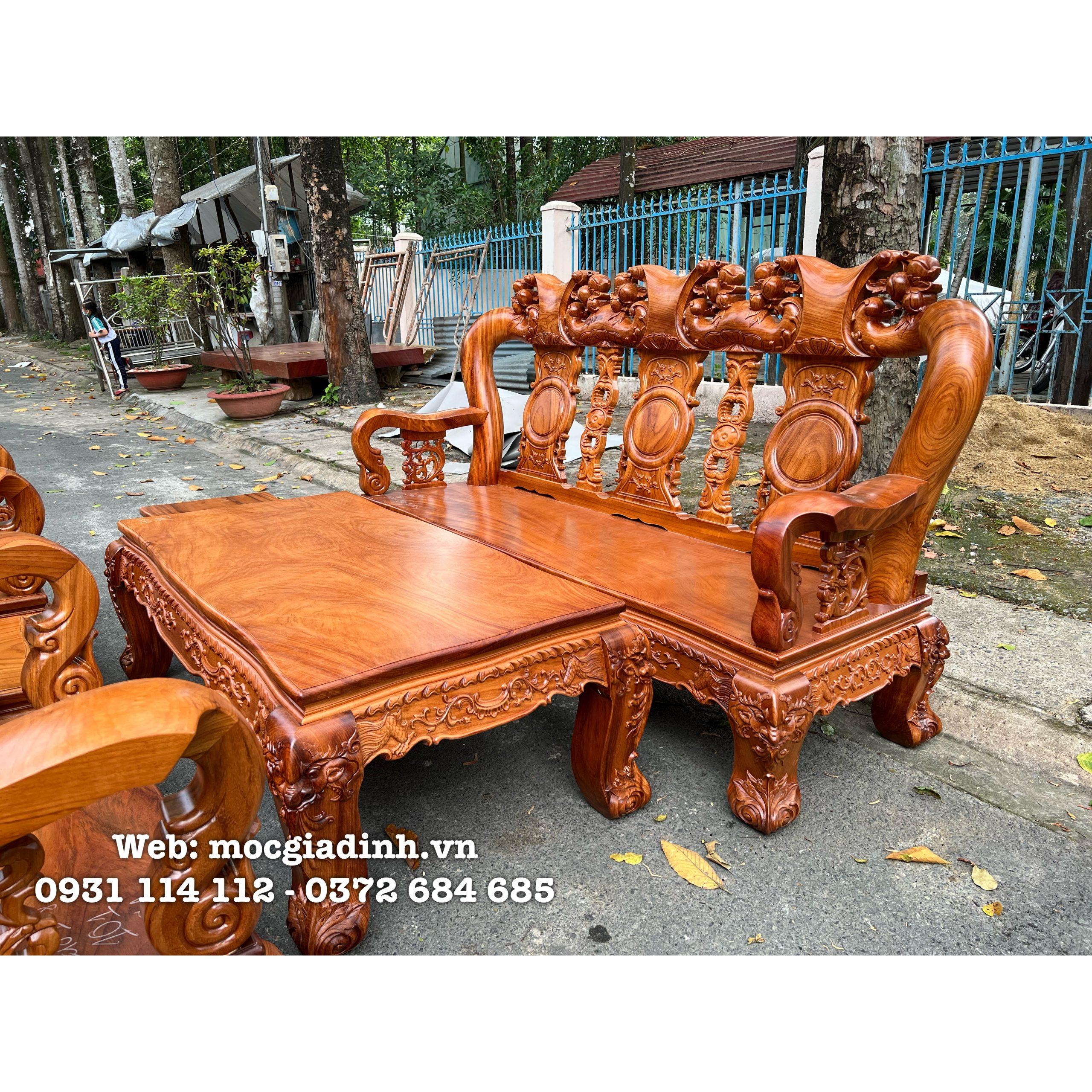 Bàn ghế gỗ gõ tay 14 tó đào 2 mặt