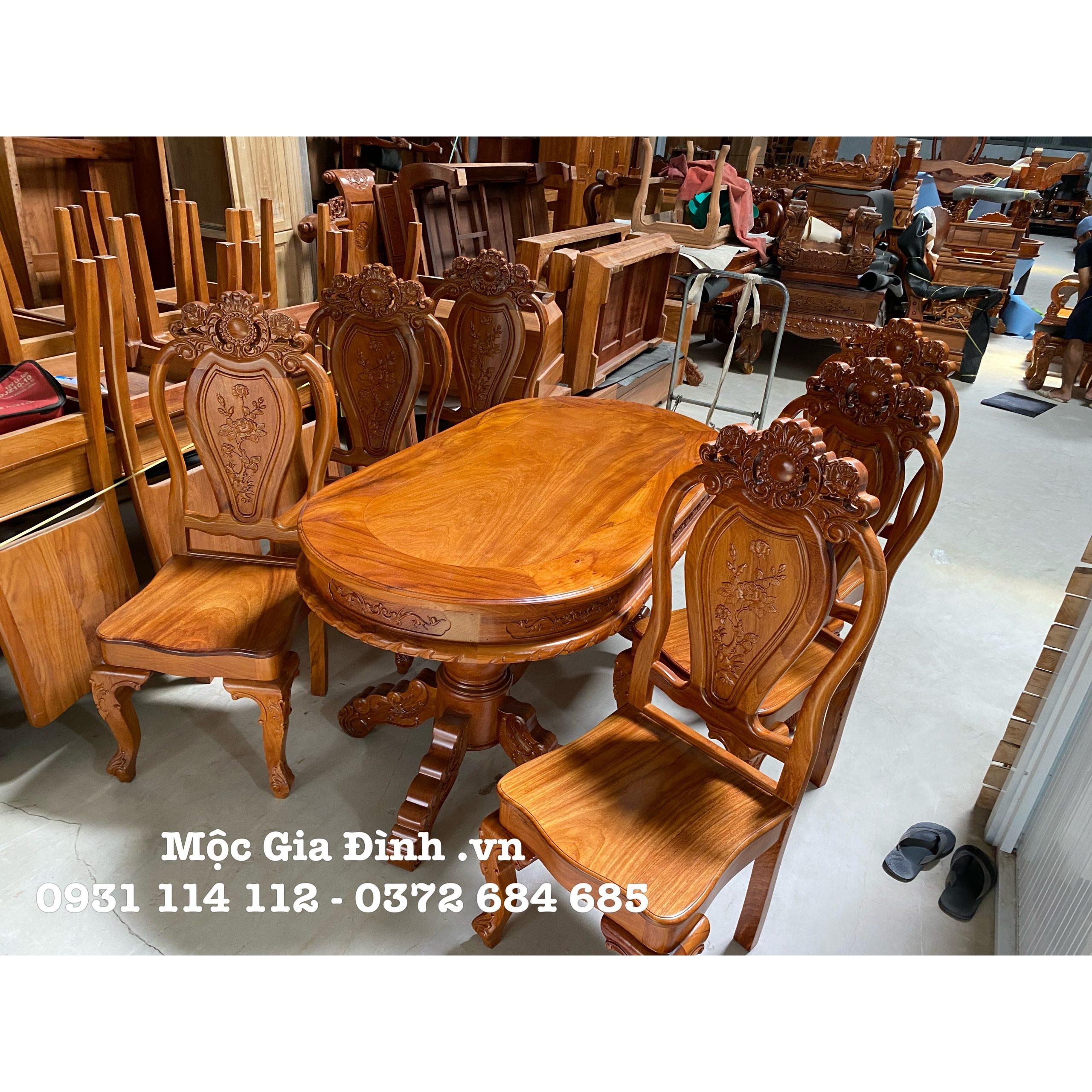 3E04468D-87B4-4DD6-AF95-1DD352B4D210 Bàn ăn Gõ Oval 6 ghế mặt dày gỗ tự nhiên