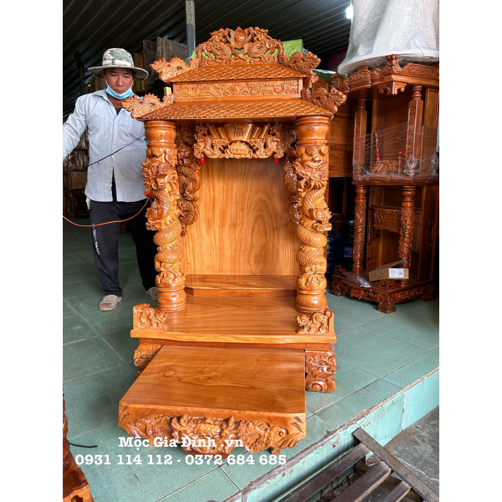 Bàn Thờ Thần Tài Thổ Địa Gõ Đỏ Mái Ngói 81x68x147