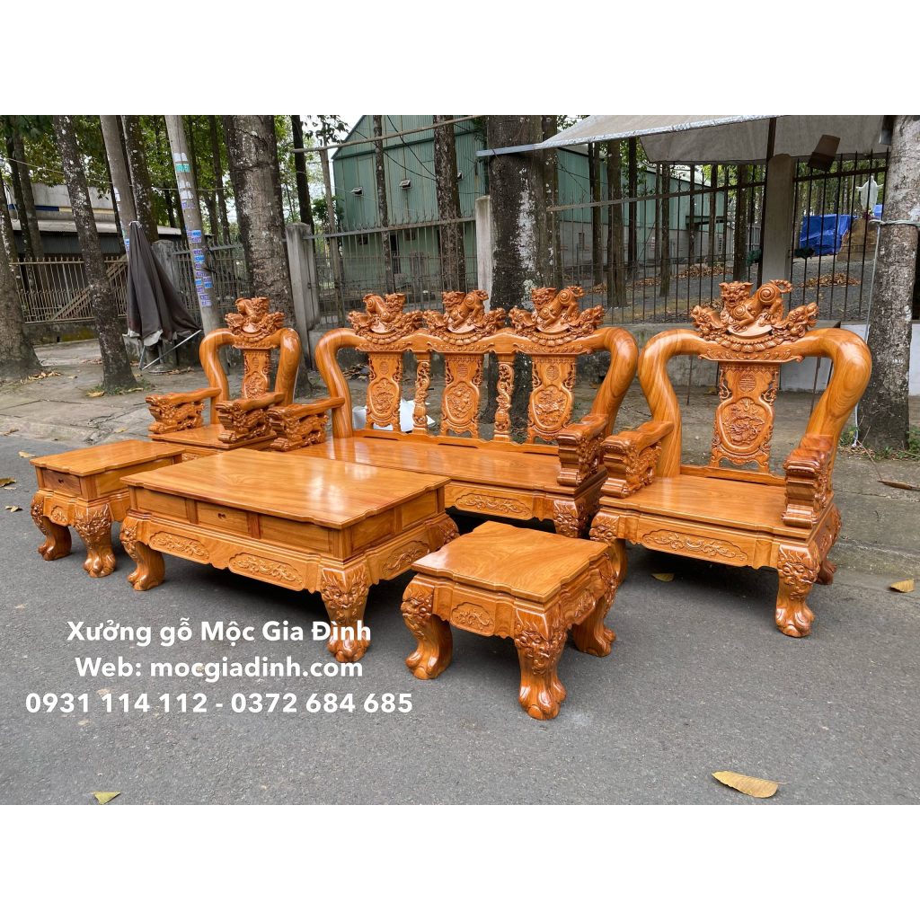 Bộ bàn ghế Gõ Nghê Đỉnh tay Nghê nguyên khối tay 14 phòng khách lớn