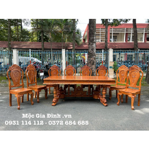 Bàn ăn Gõ Chữ Nhật chân Sư Tử 8 ghế mặt 1.8cm