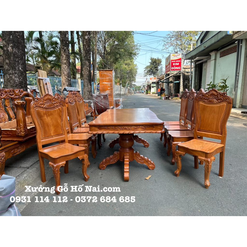Bàn ăn Gõ Chữ Nhật 8 Ghế Tựa Lớn nguyên tấm